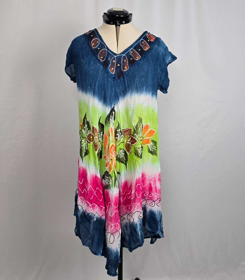 Exist Beach Tie Dye Cover Up Dress Women's OS Navy Green Embellishments NWT